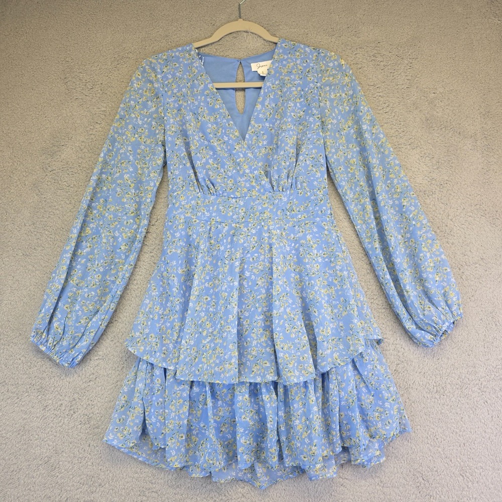 Japna Dress Womens S Blue Tiered Floral Boho Coastal Milkmaid Cottagecore Dainty - Picture 2 of 16